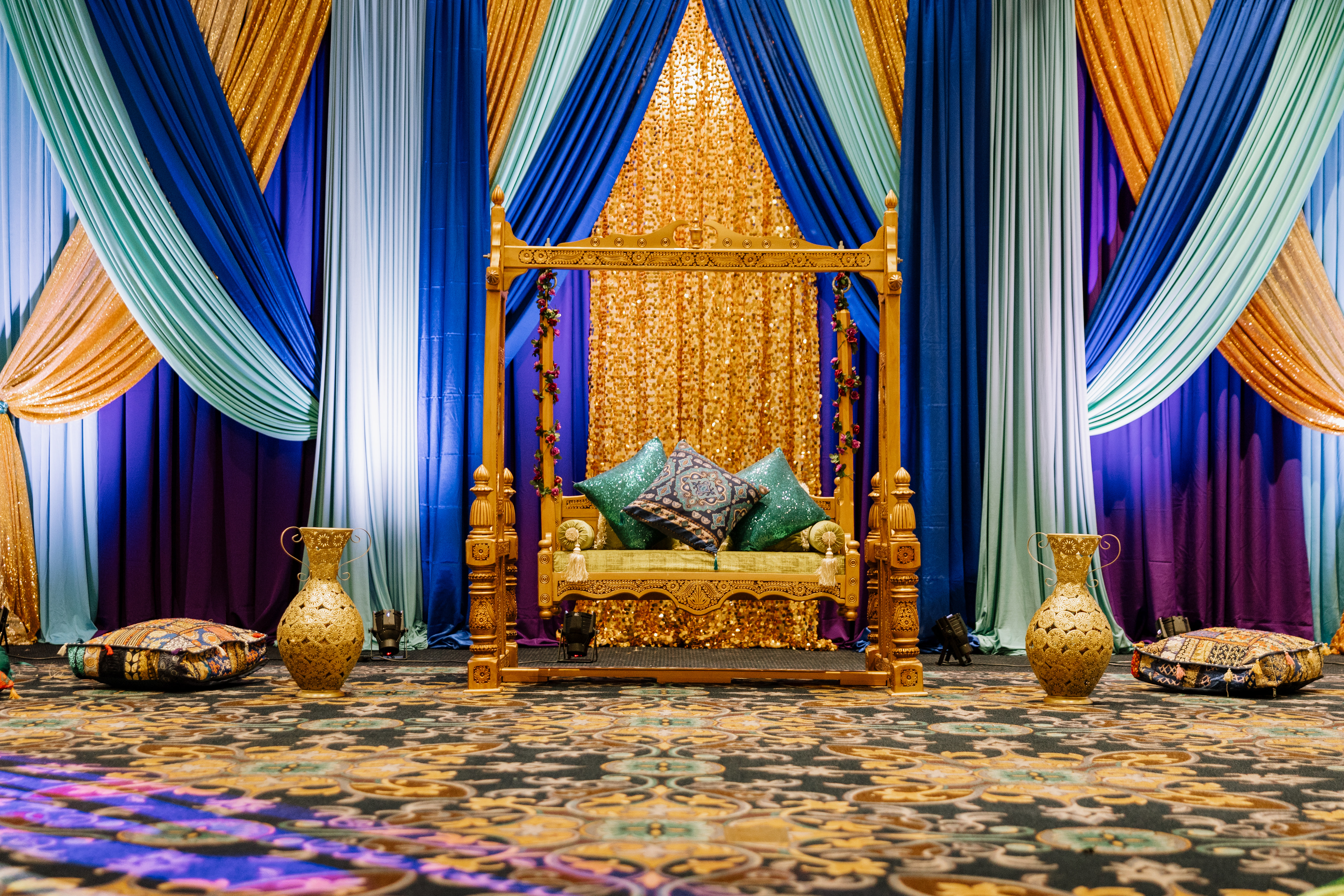 vibrant yellow and blue indian wedding decor-Lusia Studio Photography