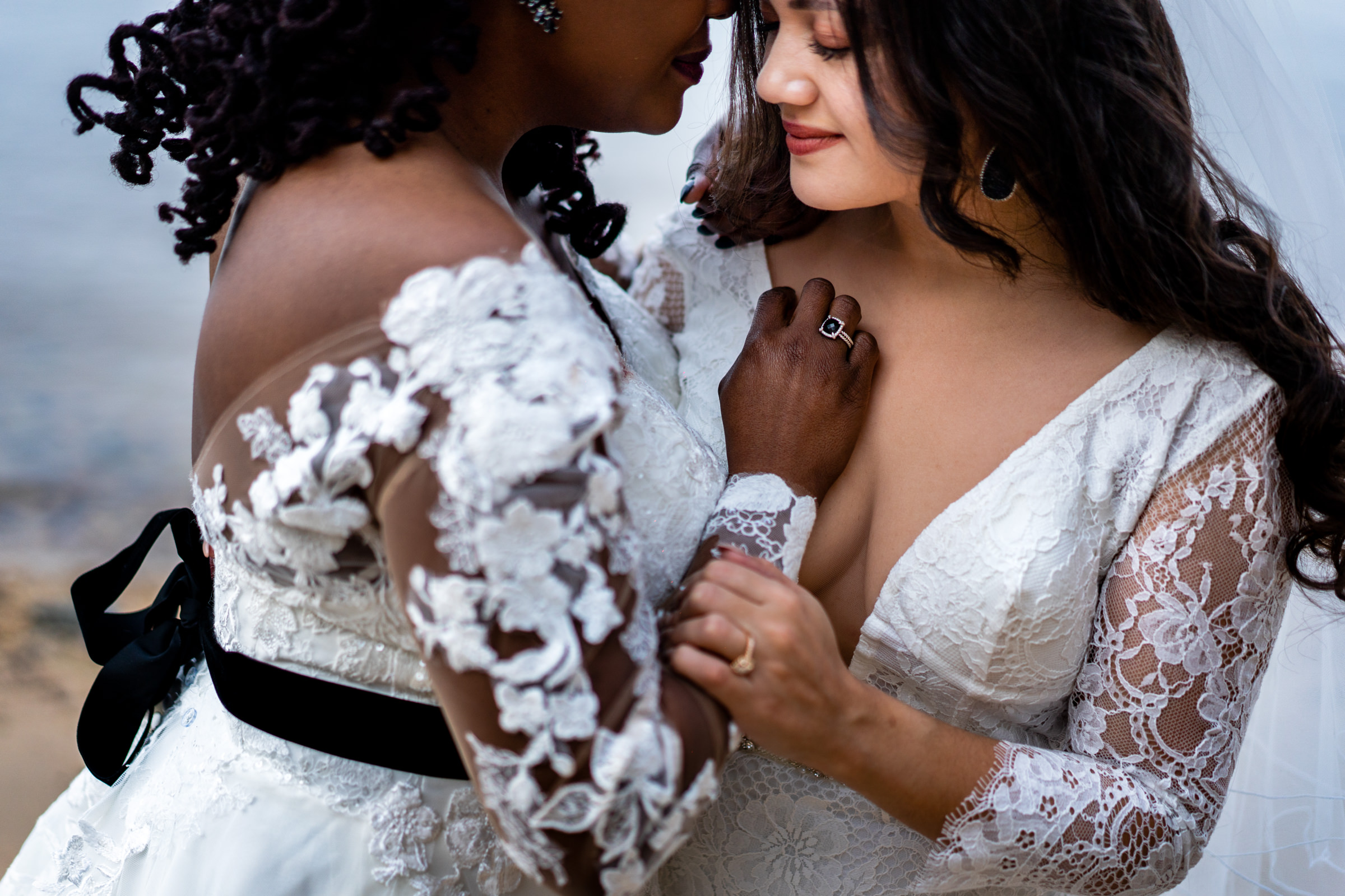 Intimate first look with two brides Bee Two Sweet