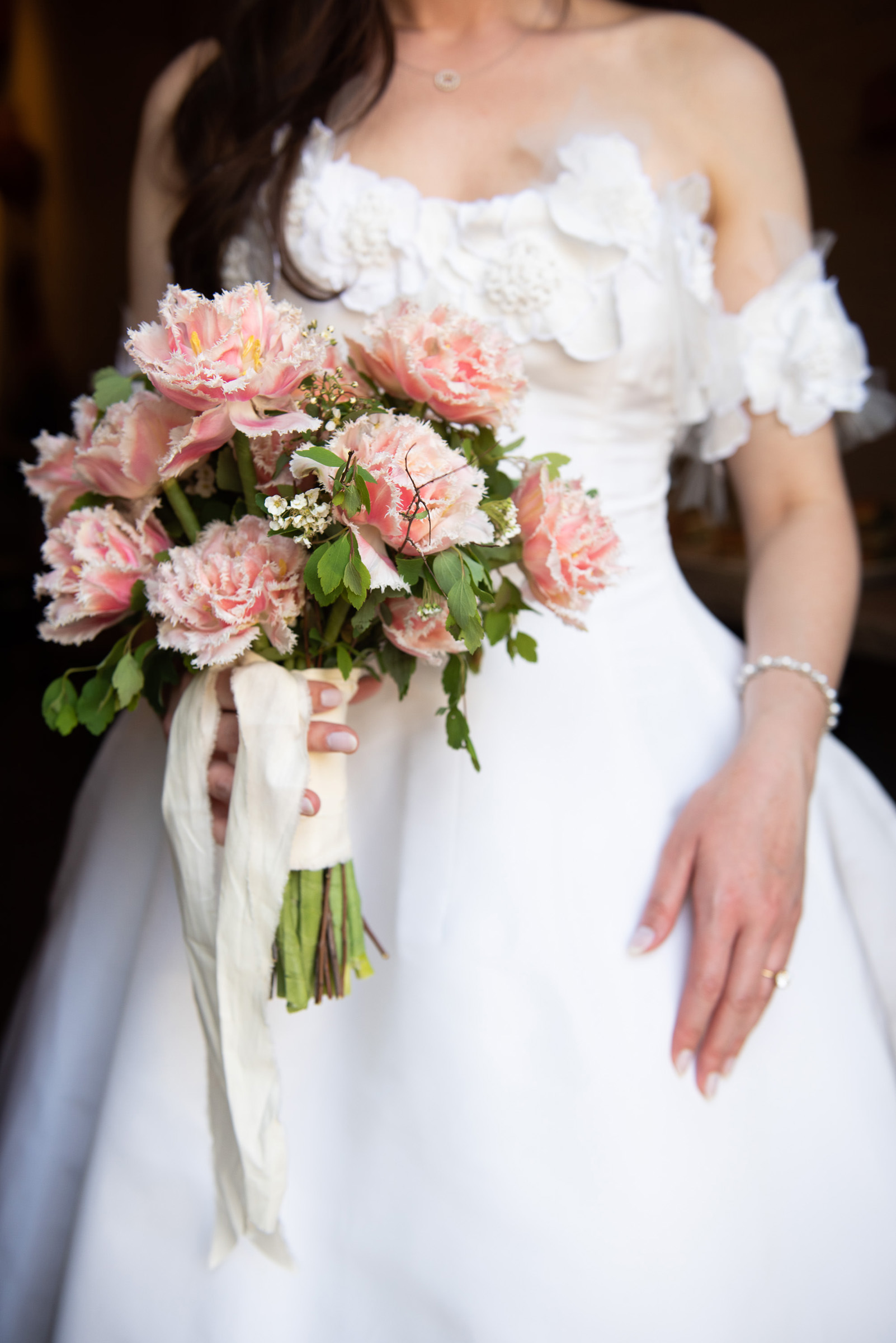 Bridal portrait with ruffled pink peony bouquet, photo by Joann Arruda Photography