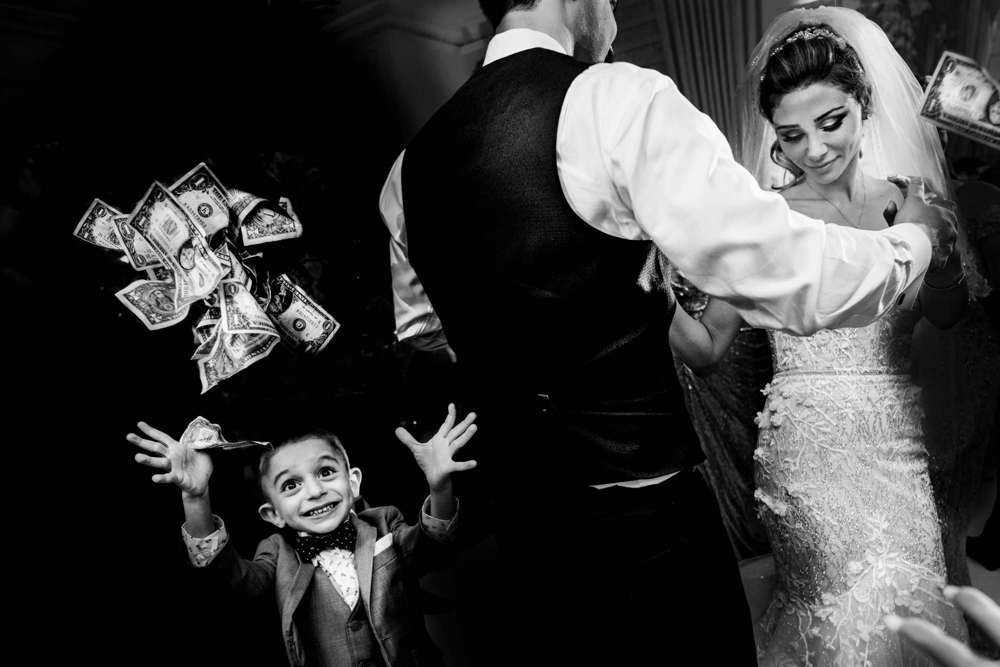 Kid throws money up during money dance at wedding by Matei Horvath of Los Angeles