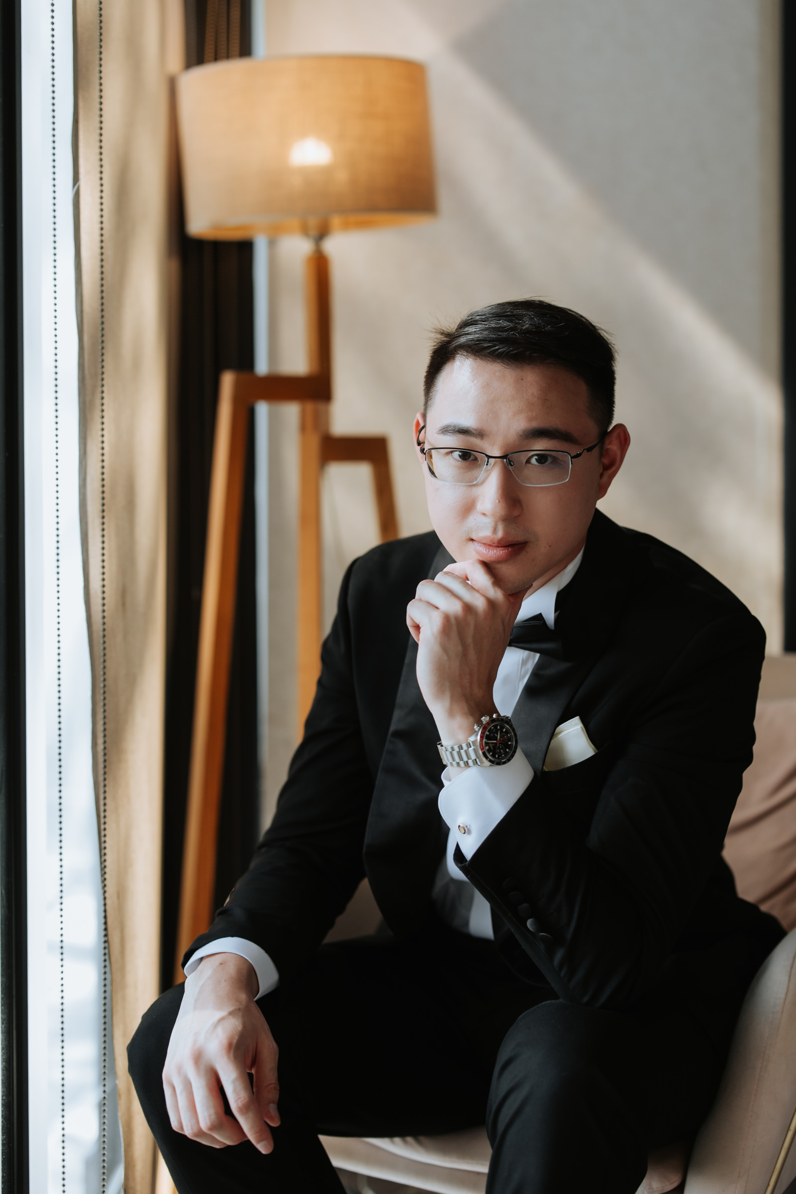 Groom's portrait at Acres Resort, Malaysia, photographed by Zach Chin