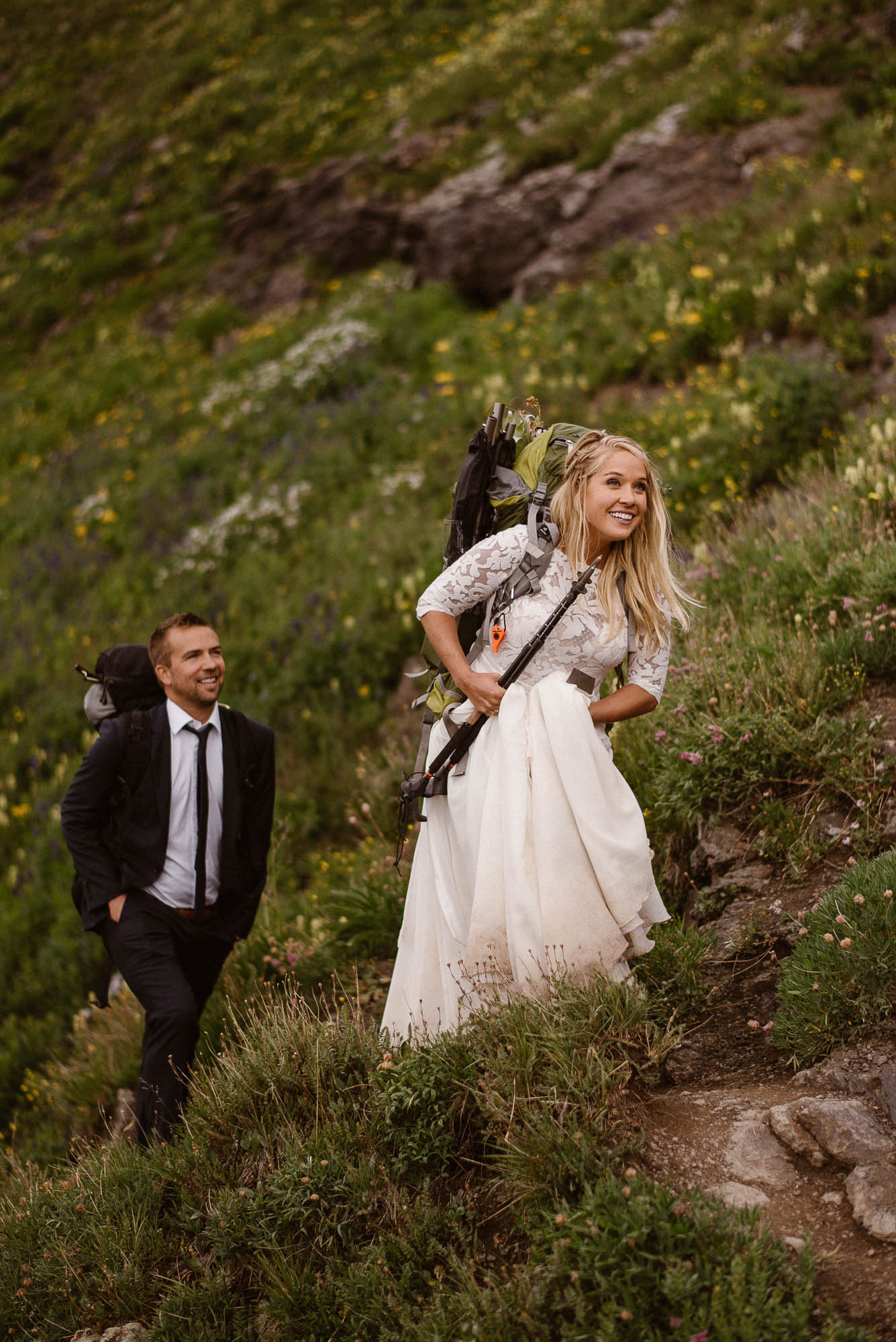 Backpack elopement couple