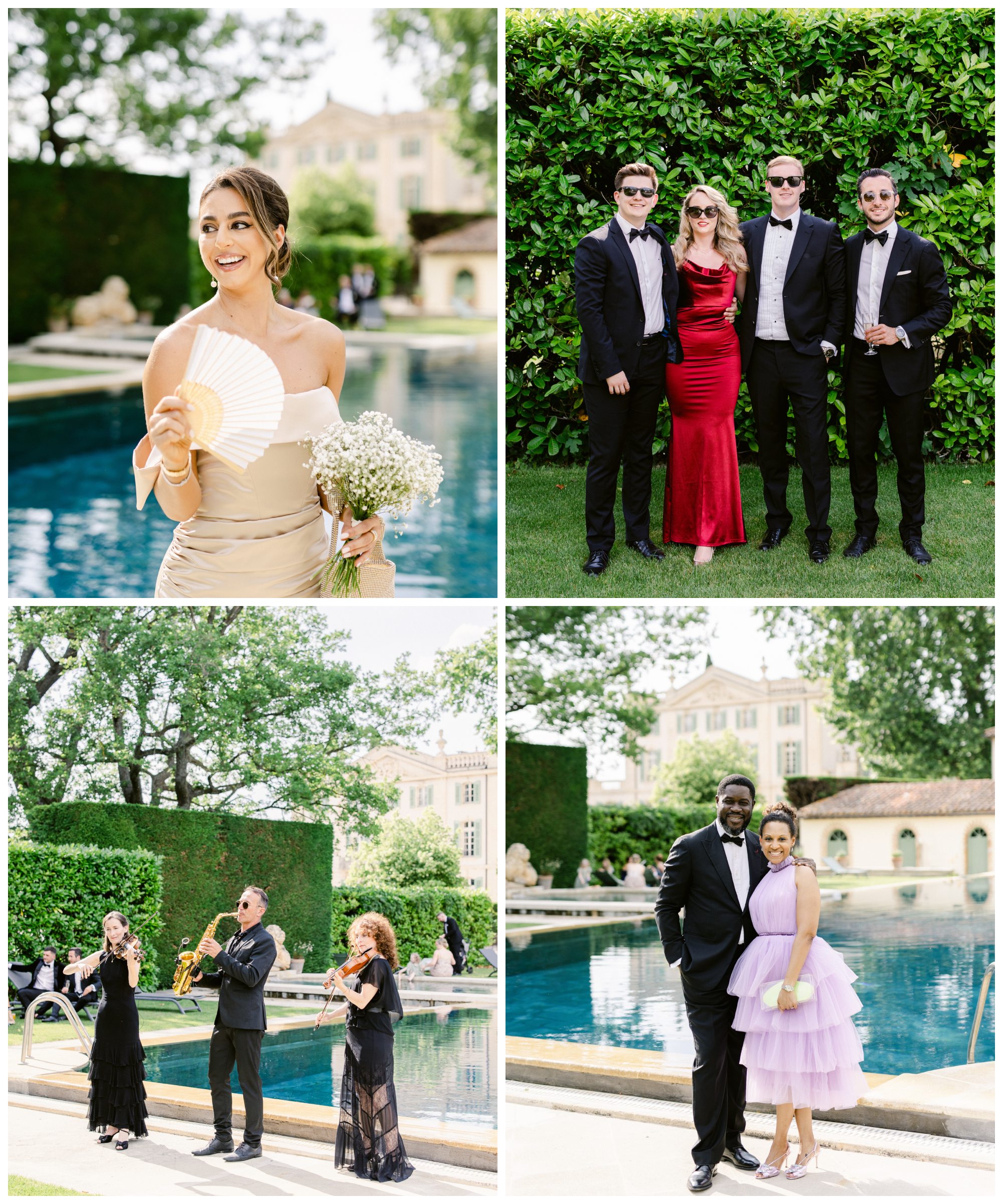 Guests at courtyard of Chateau de Torreau wedding, Provence