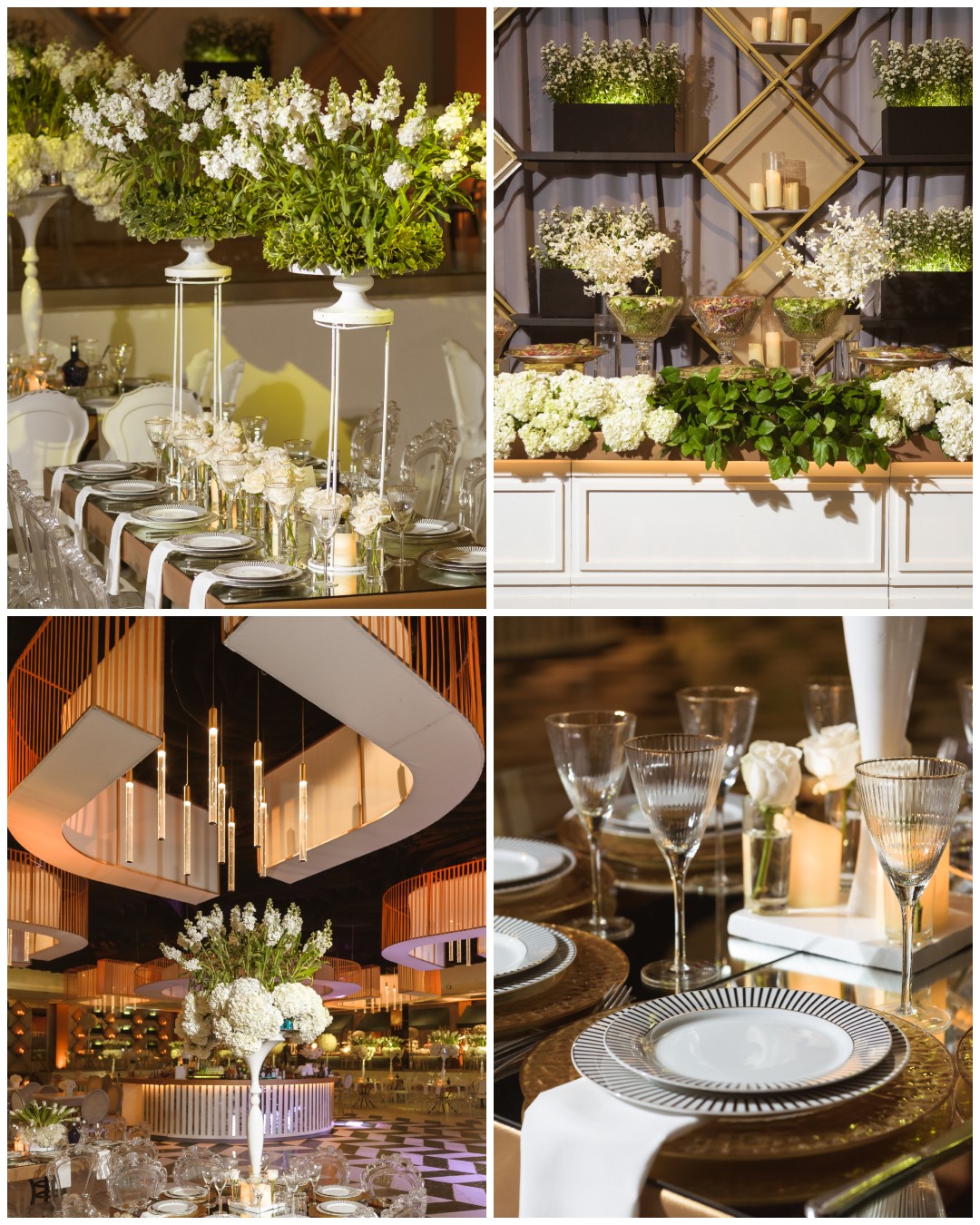 reception decor with white stock and roses