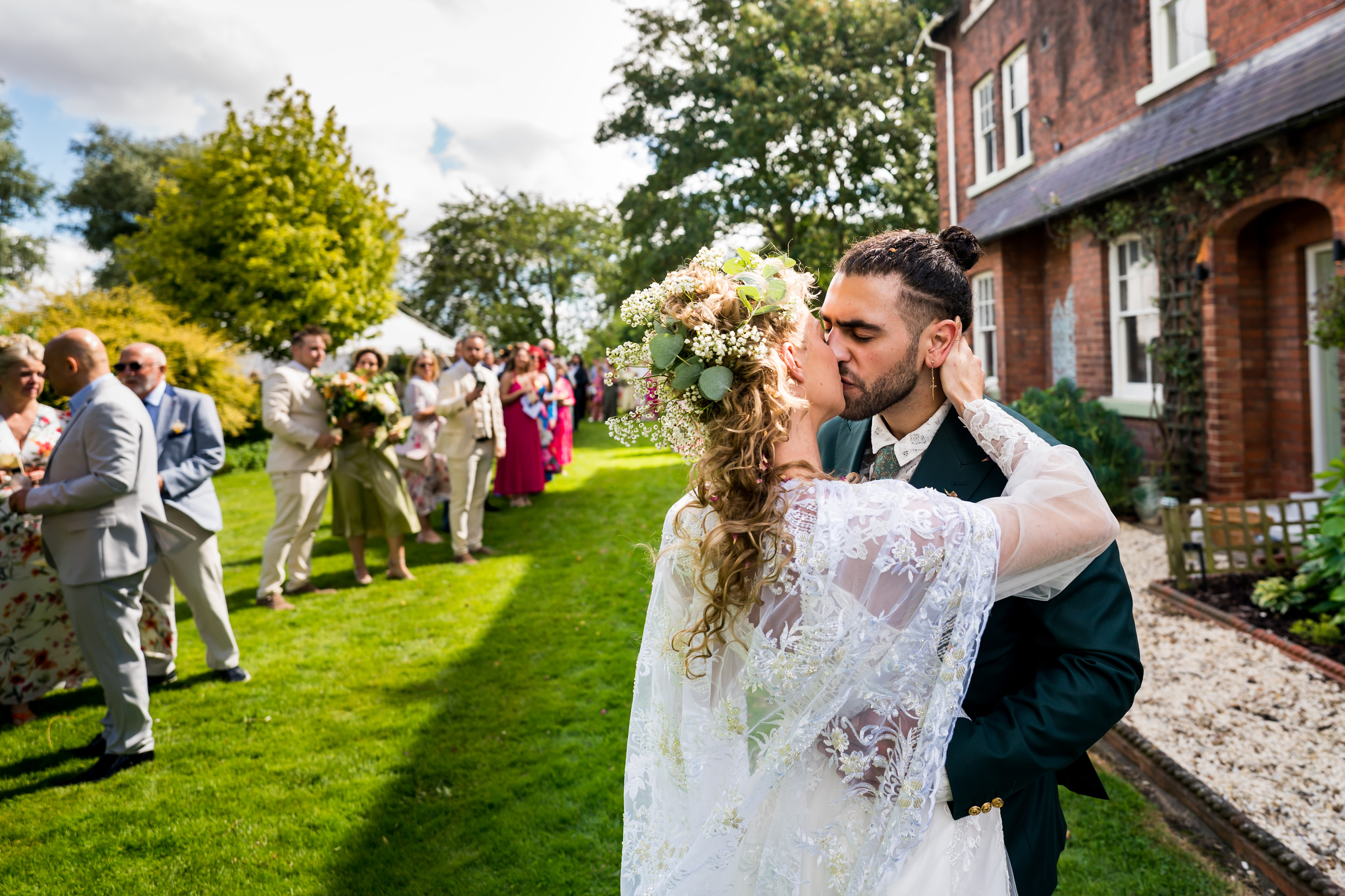 Bride and groom kissing