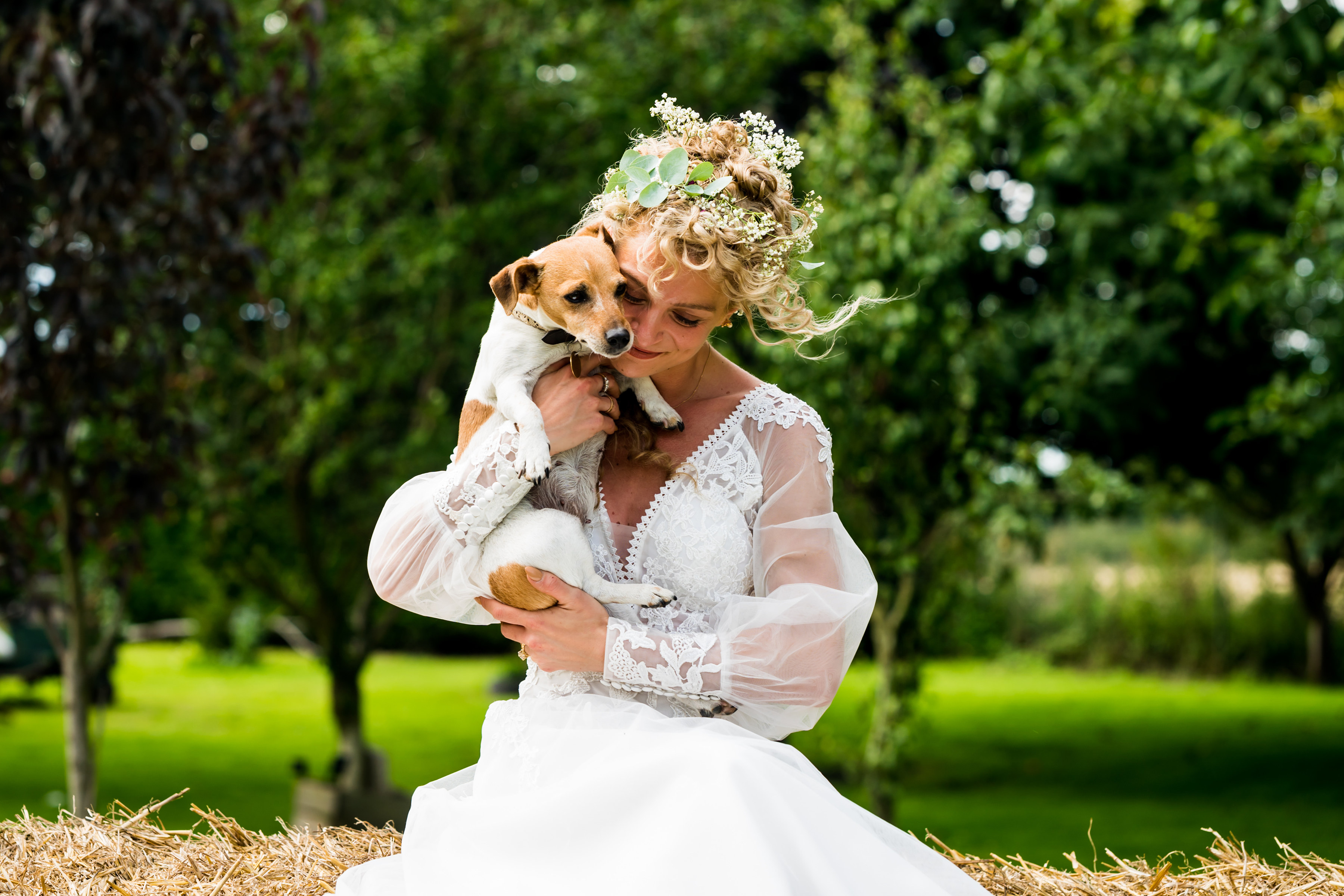 Bride being kissed by her pup