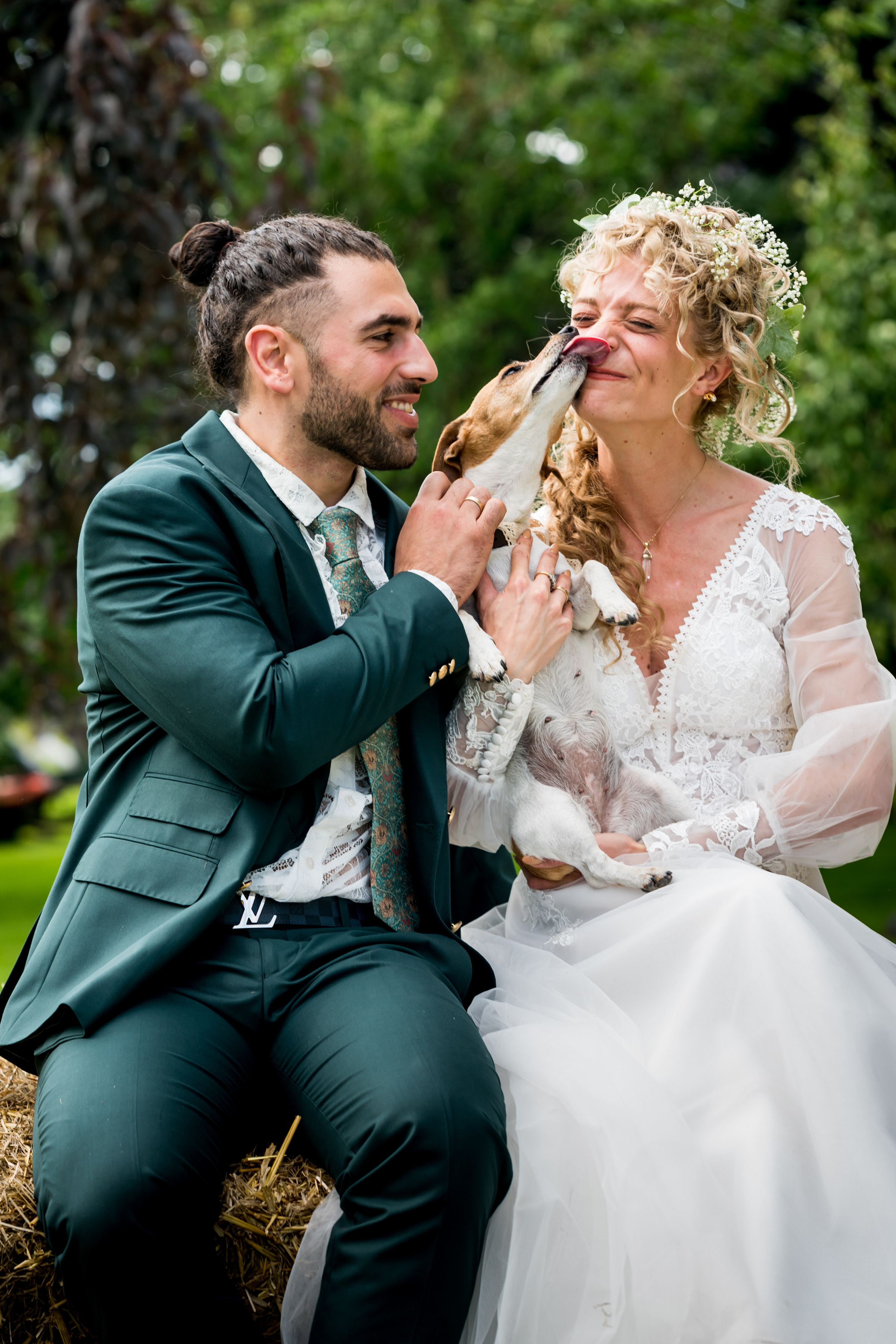Bride and Groom being licked ferociously by their pup