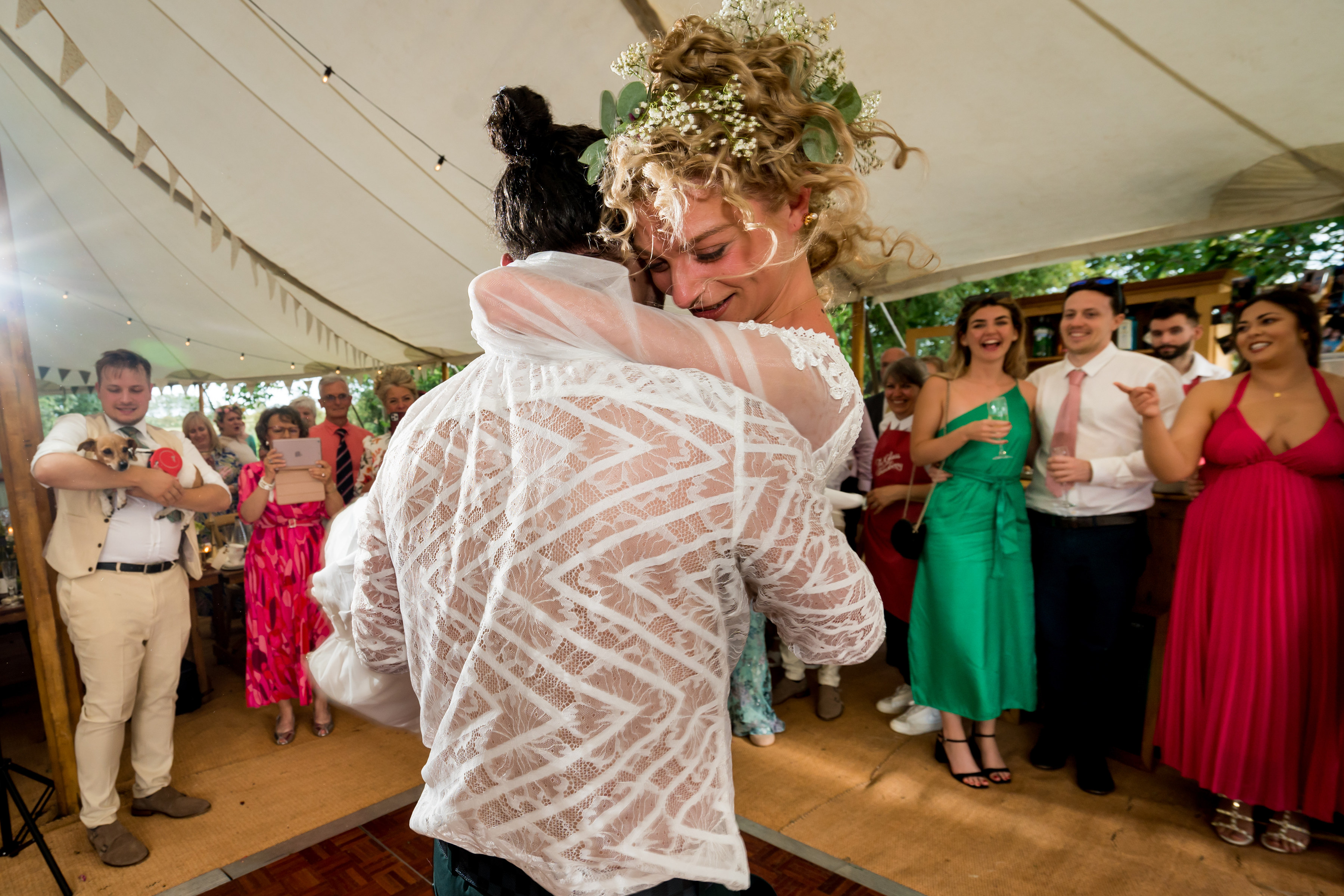 Couple embrace during first dance