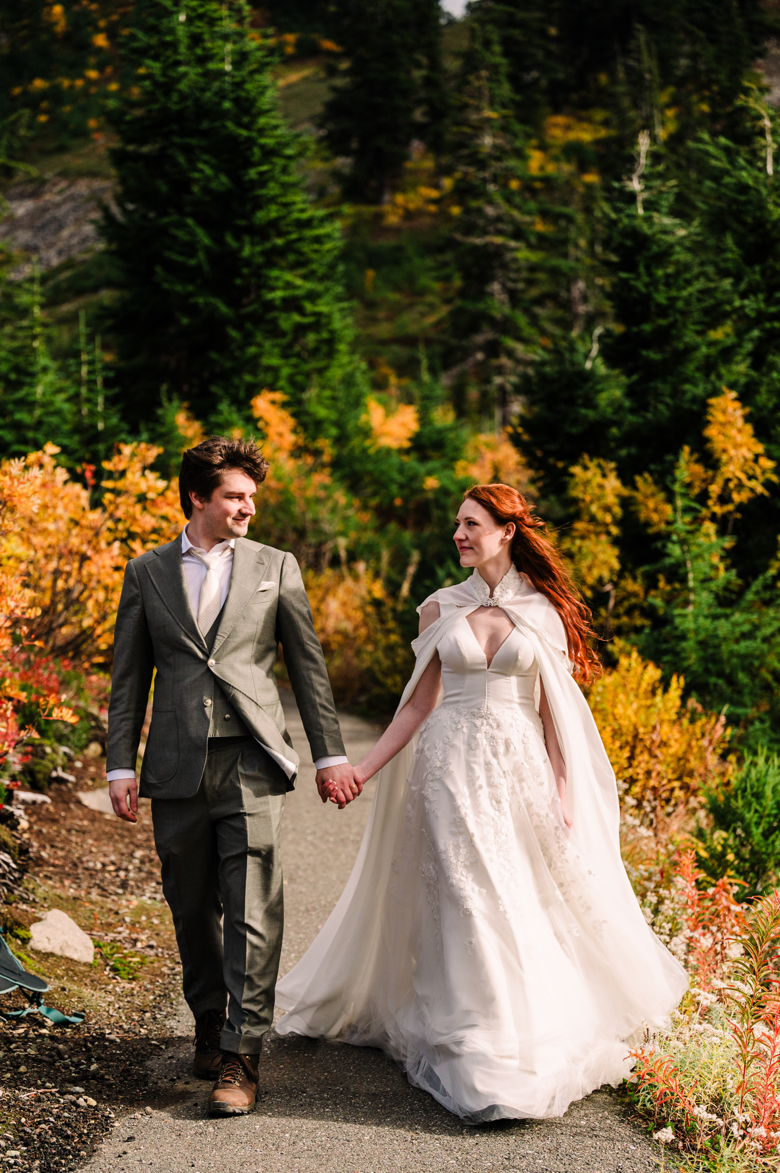 Mt. Baker elopement portrait of couple walking by Marla Manes Photography