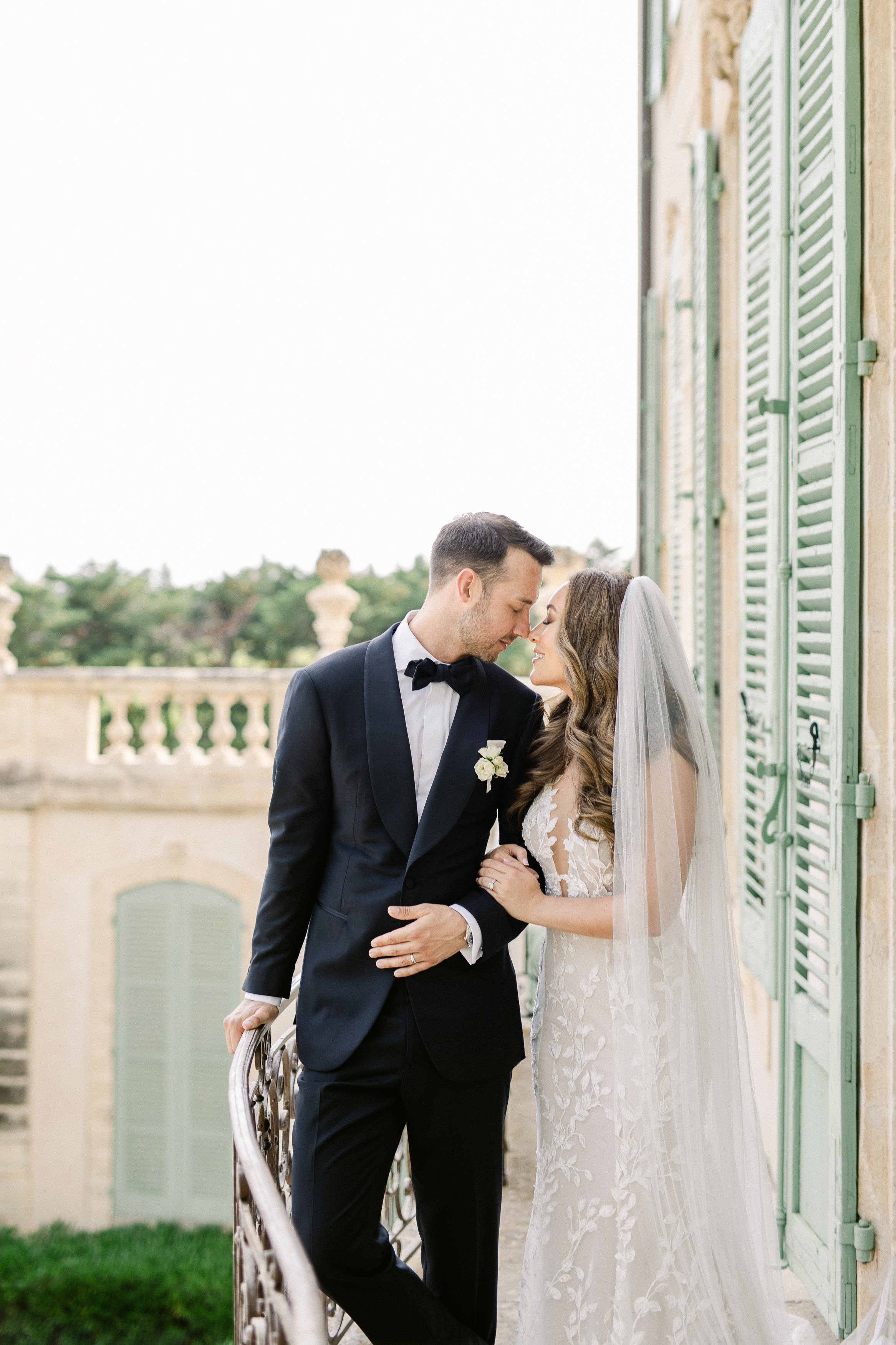 Couple taking quiet moment at Chateau de Torreau wedding, Provence