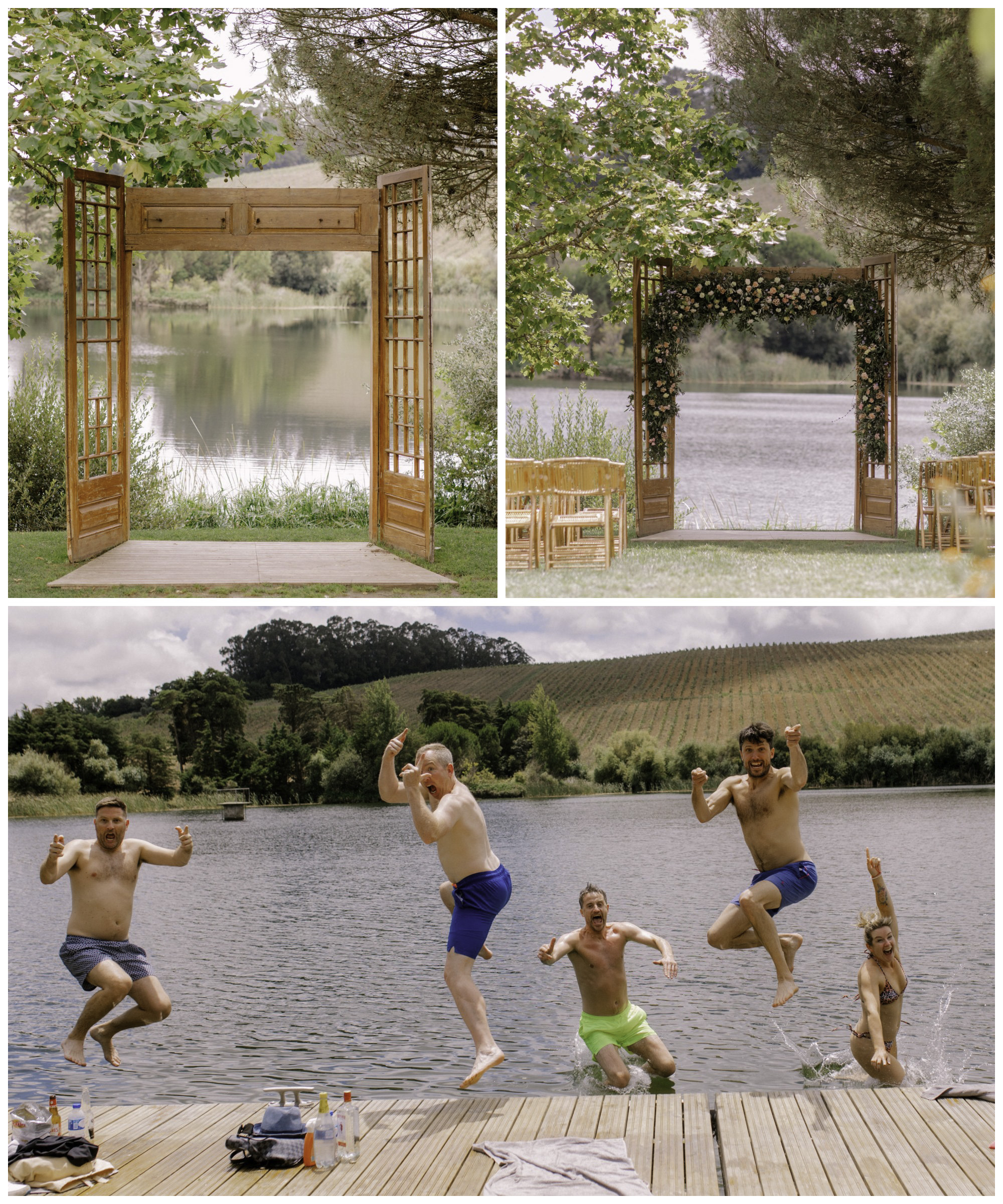 Wedding arbor and jumping into the water, Pedro Filipe Fotografia, Portugal wedding photographer