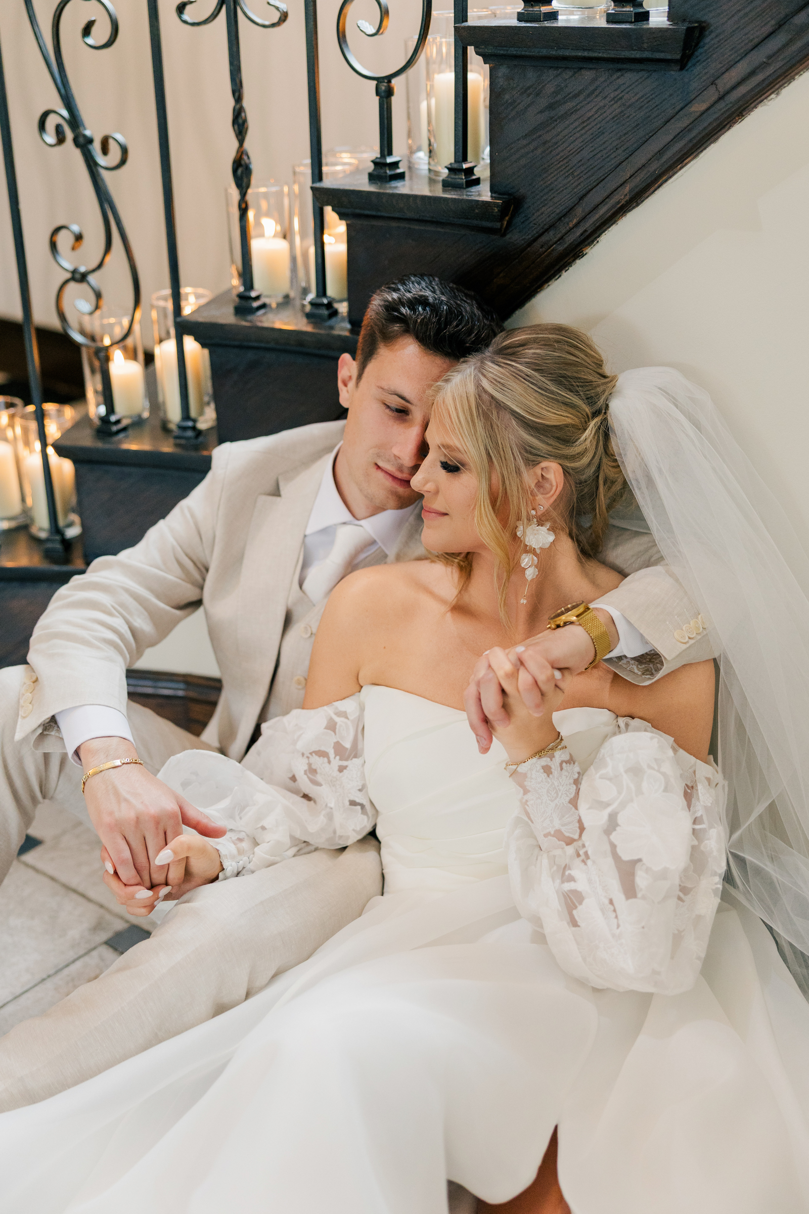 Bridal portrait on stairs, wedding at Venue3Two, Grand Rapids, Chrystin Melanie Photography