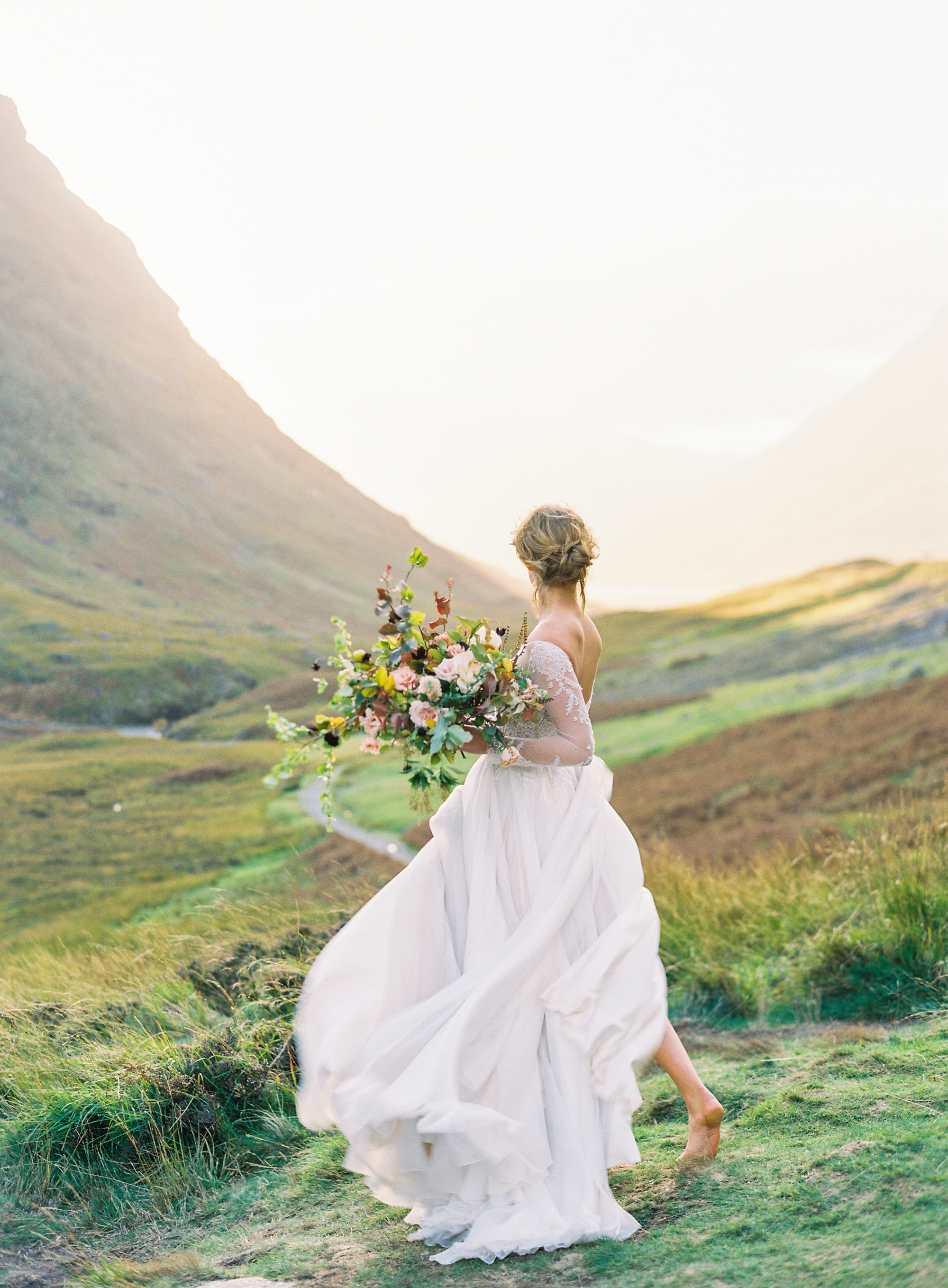Bare foot bride in Scottish landscape by Jen Huang, from Santa Barbara