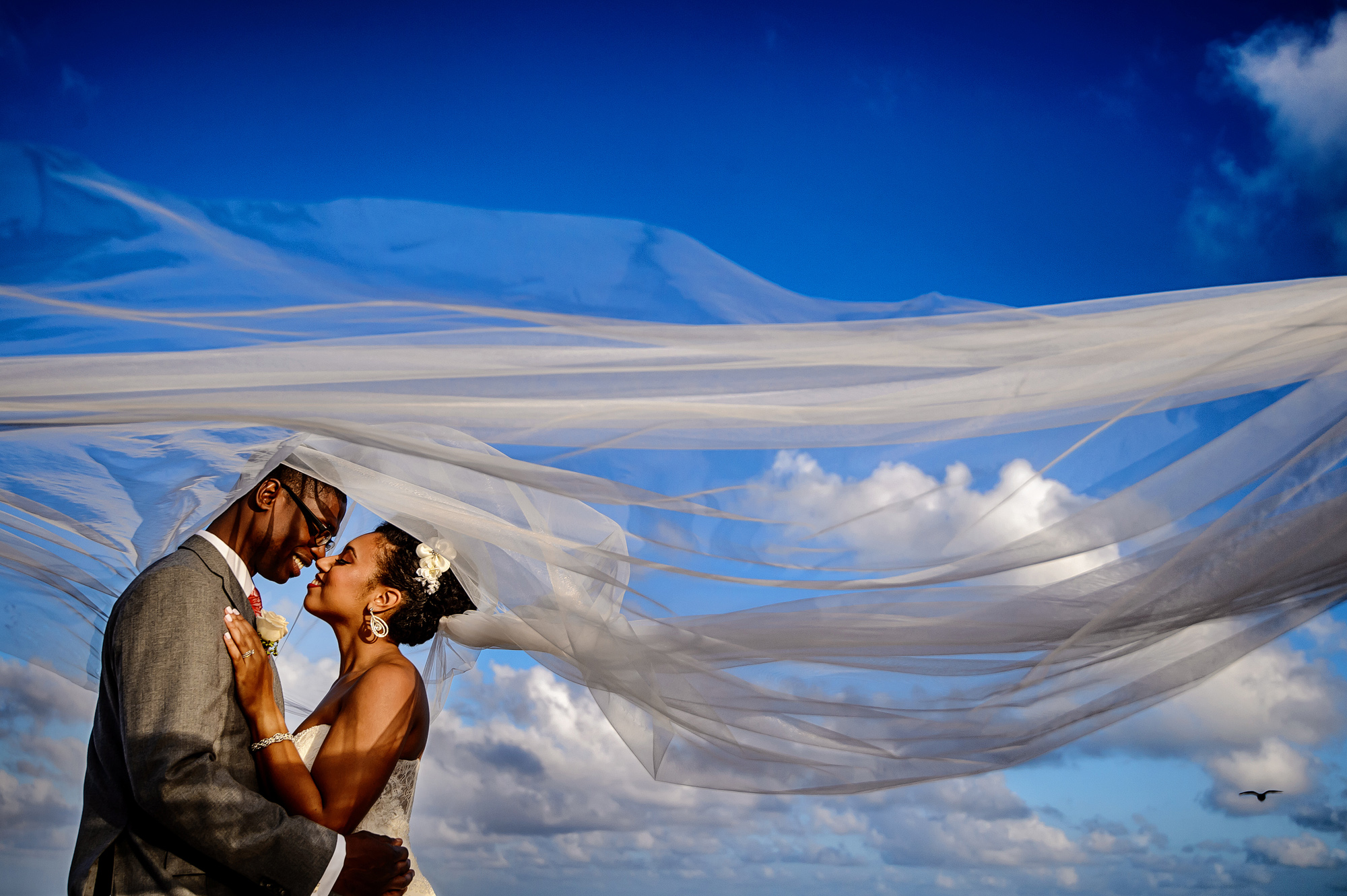 bride-and-groom-against-blue-sky-under-flowing-veil-joshua-dwain-photography