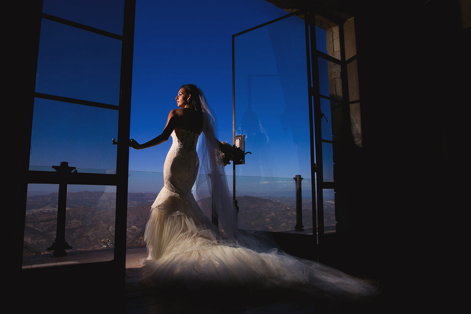 Fashion bride in trumpet lace couture strapless gown by Callaway Gable, Los Angeles