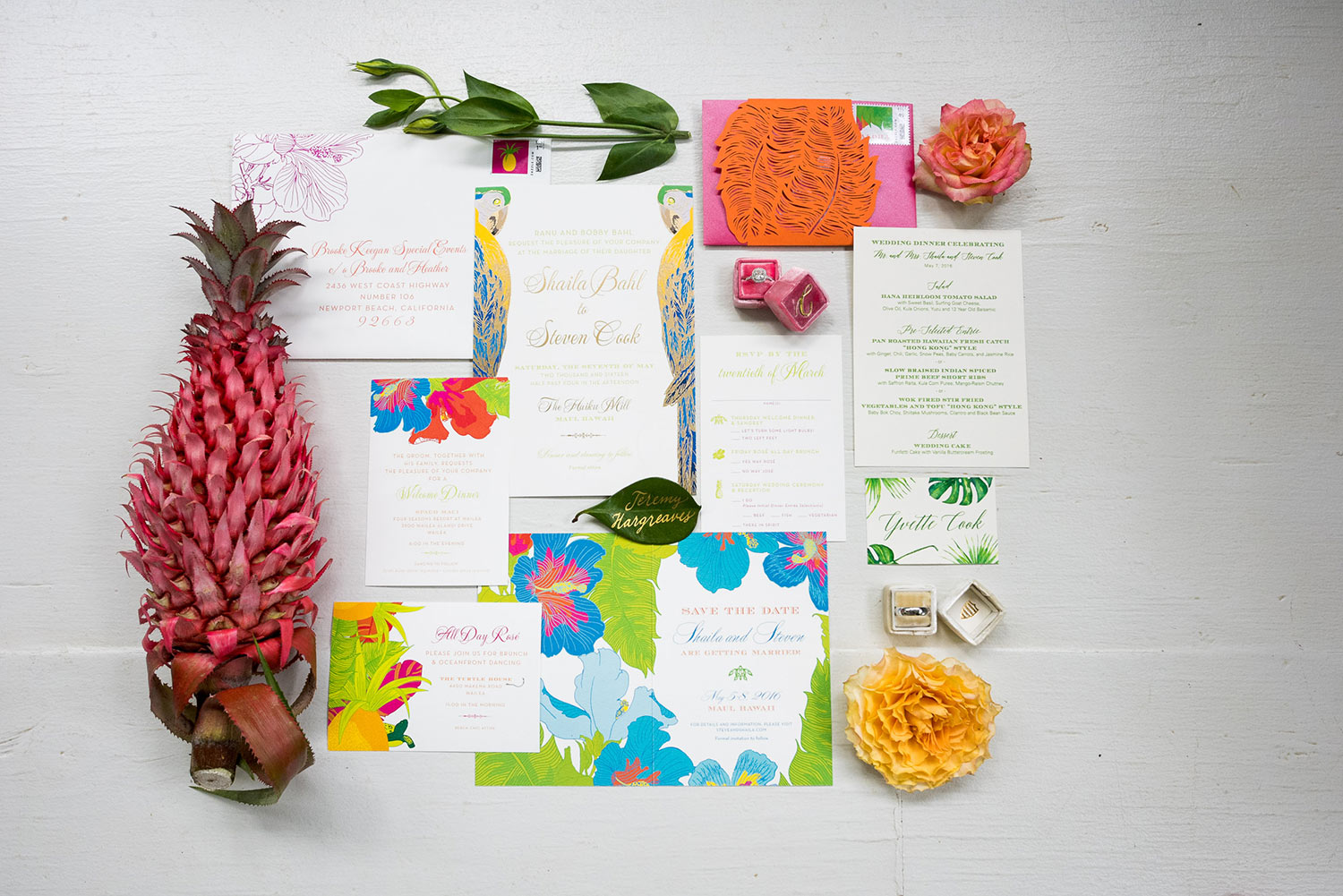 Tropical invitation suite with colorful flowers photographed by Callaway Gable - Los Angeles
