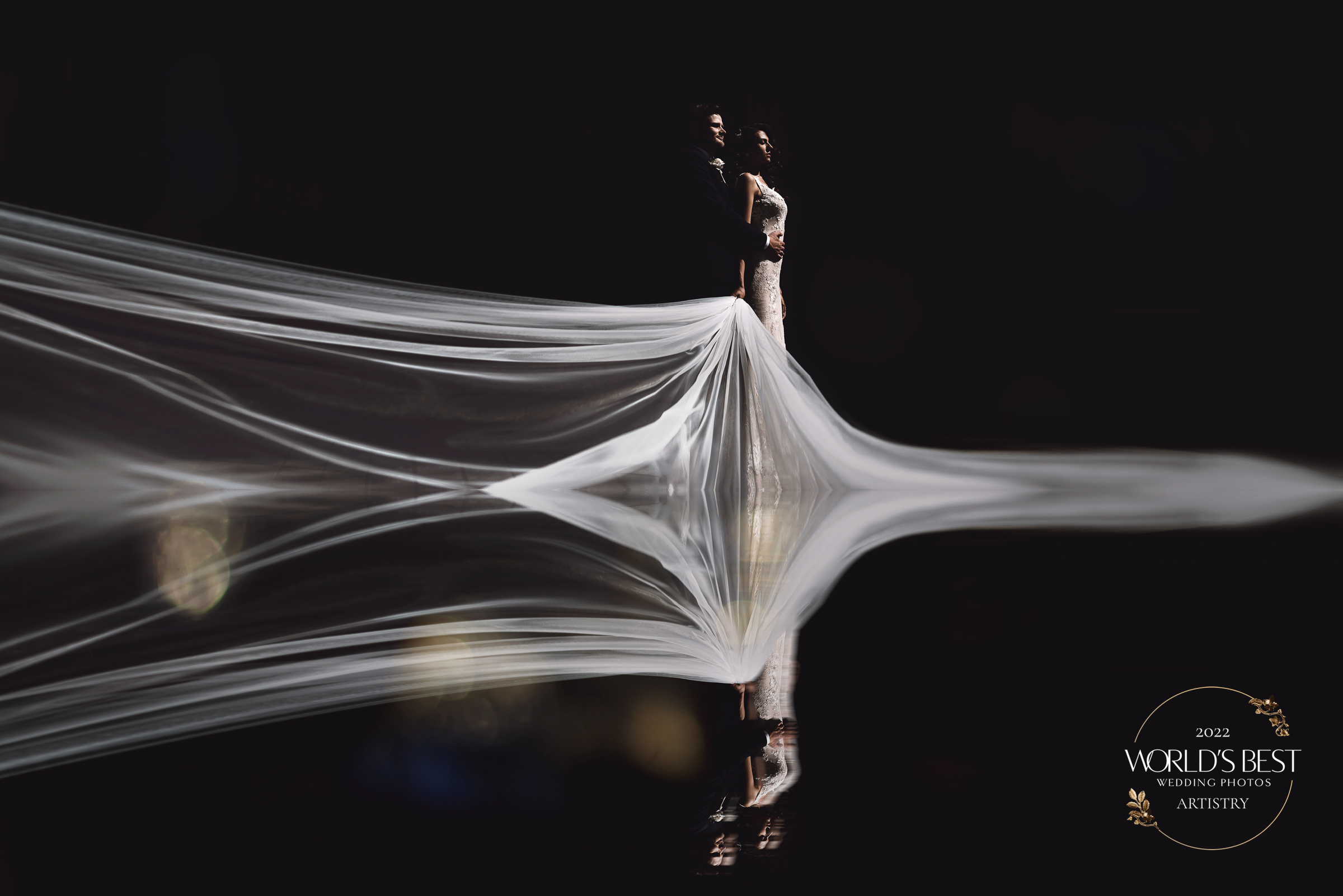 couple-pose-with-veil-in-double-reflection-photo-by-laura-zyge-photography