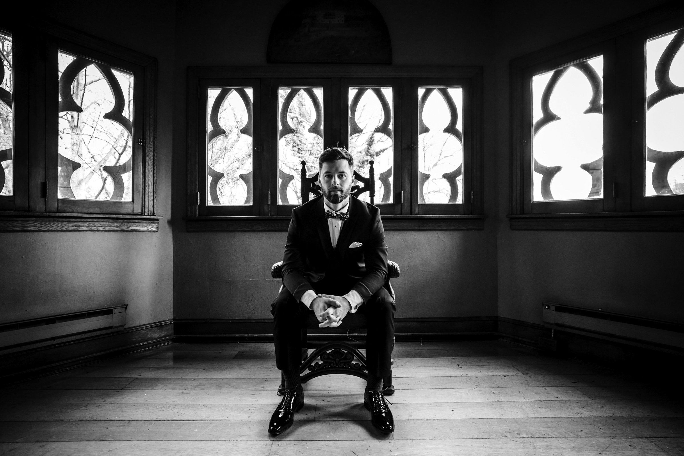 Groom's portrait, wedding at Cloister Castle photography by Bee Two Sweet