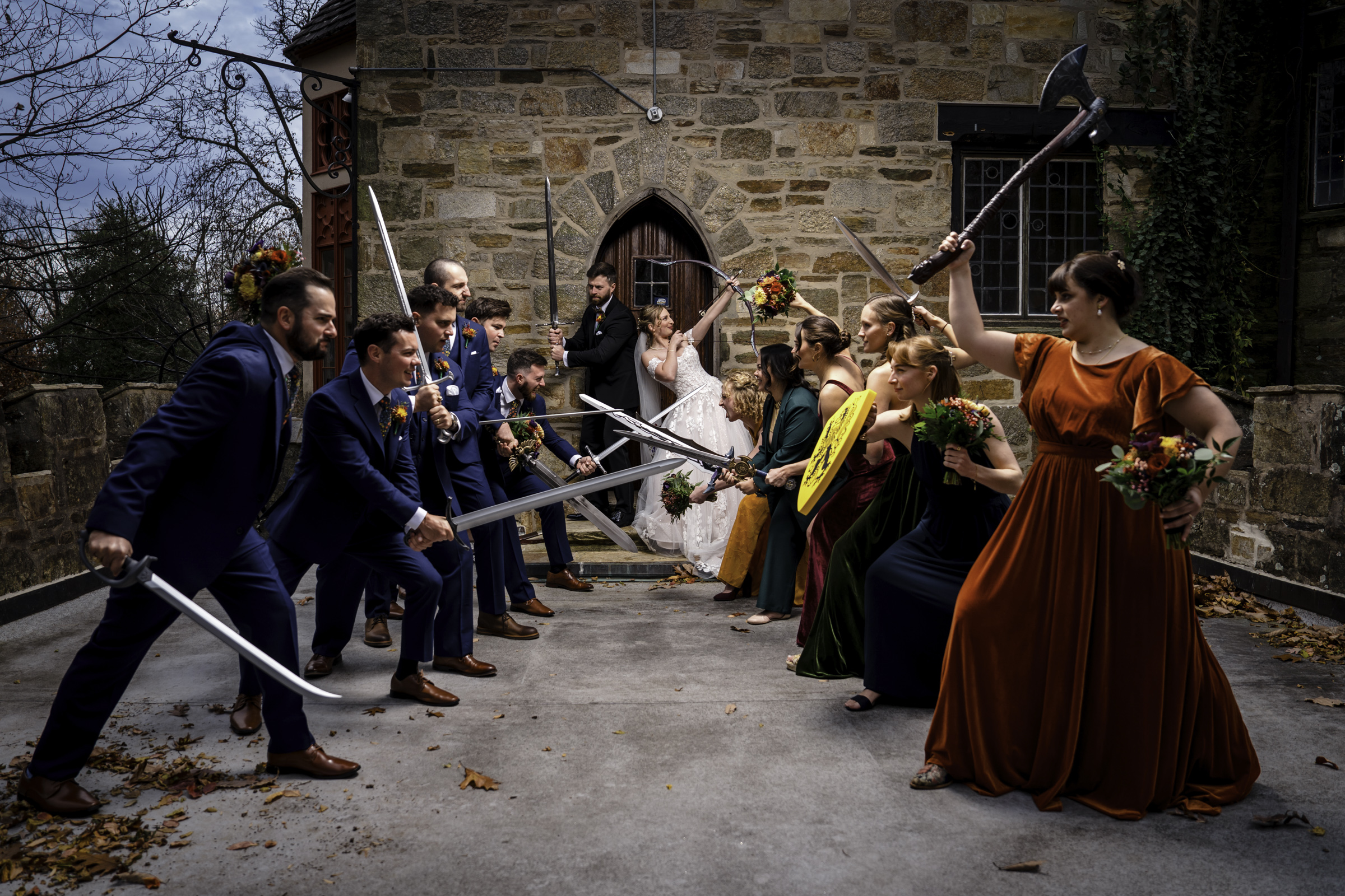 Fall wedding with sword play at Cloisters Castle - photographed by Bee Two Sweet