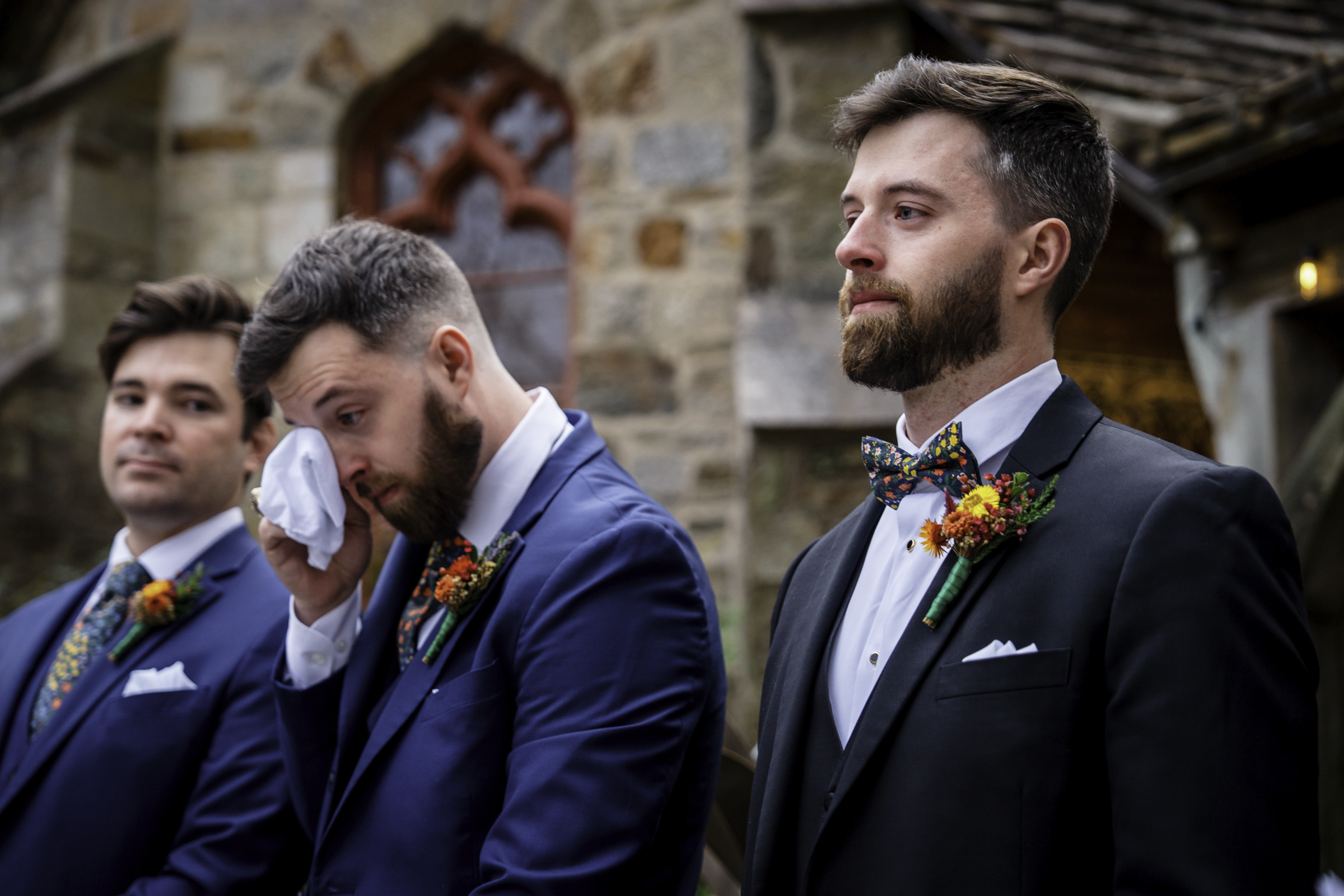 Grrom, crying, wedding ceremony at Cloister Castle photography by Bee Two Sweet