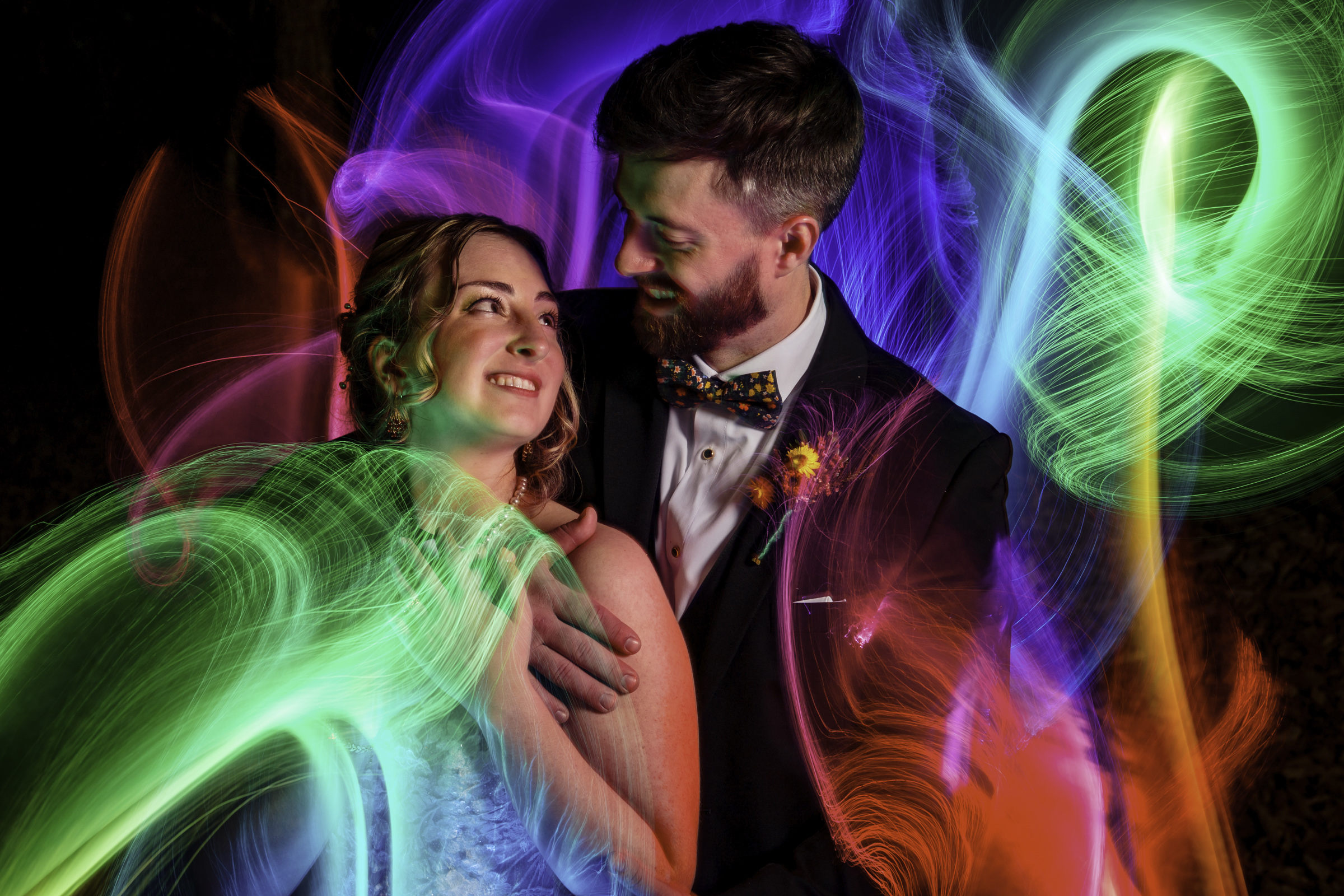 Portrait with swirling light on Cloisters Castle dance floor by Bee Two Sweet