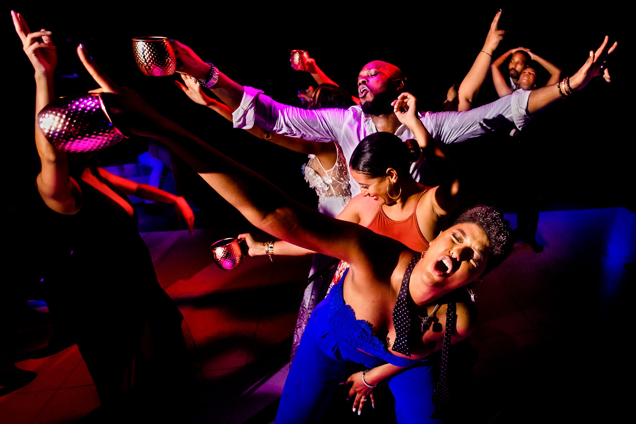 Award winneer, guests dancing in a party line, Two Mann Studios, Calgary, Canada