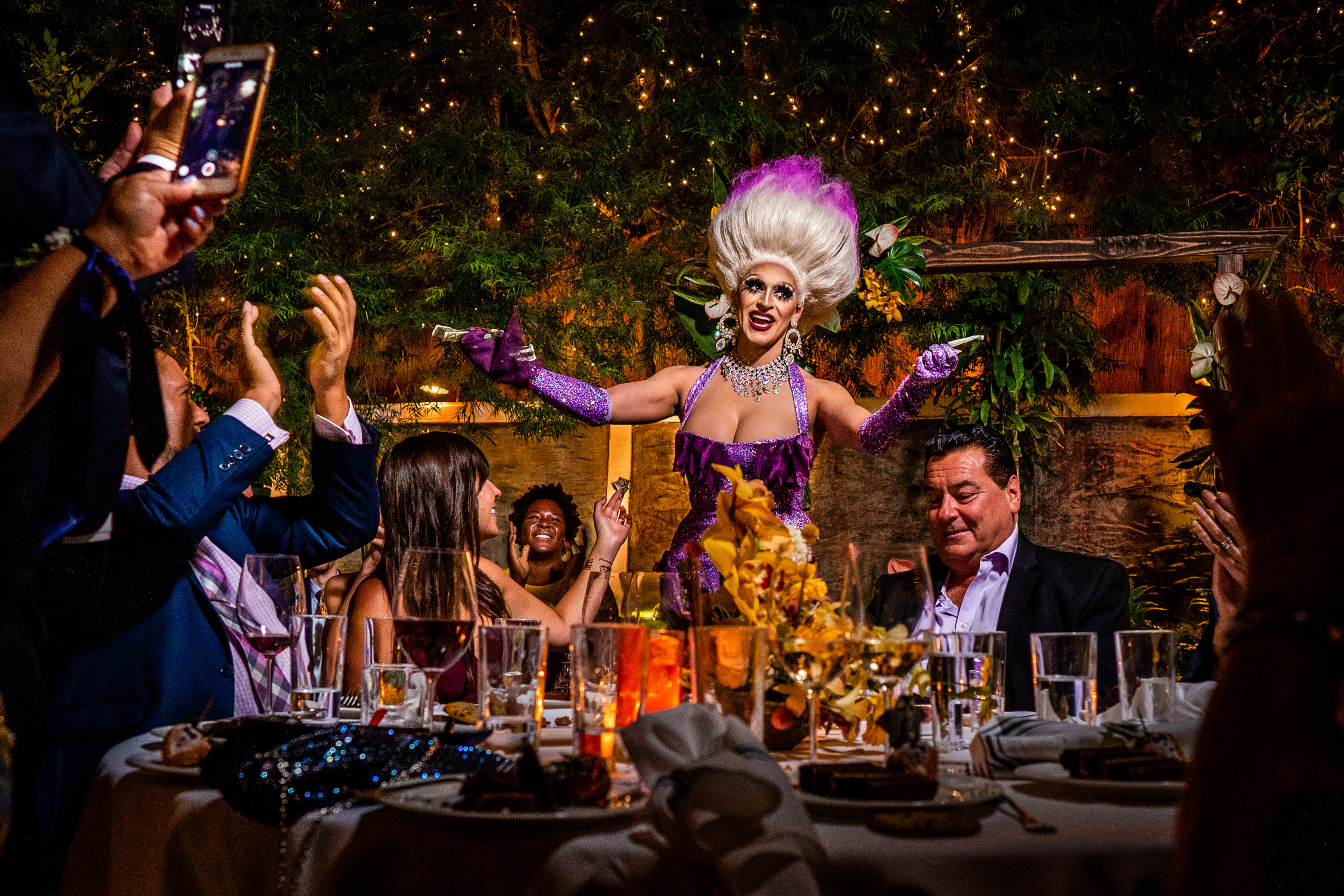 Award winning photo of drag queen at wedding reception, Bee Two Sweet, DC