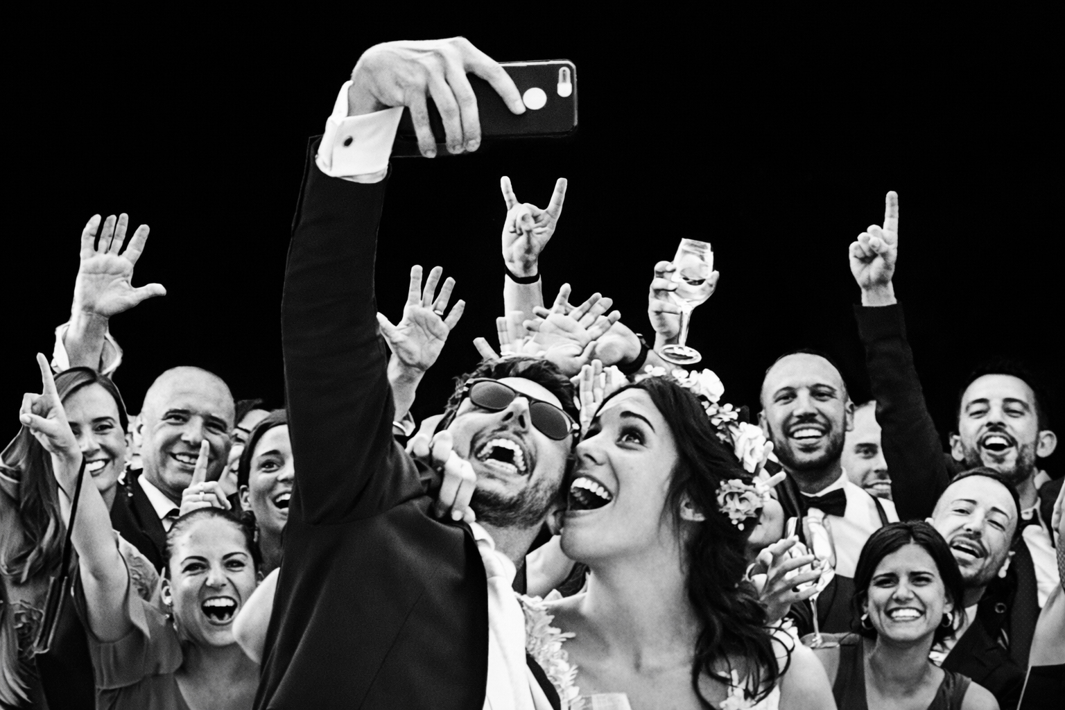black and white selfie group portrait by Stefano Ferrier Wedding Photographer