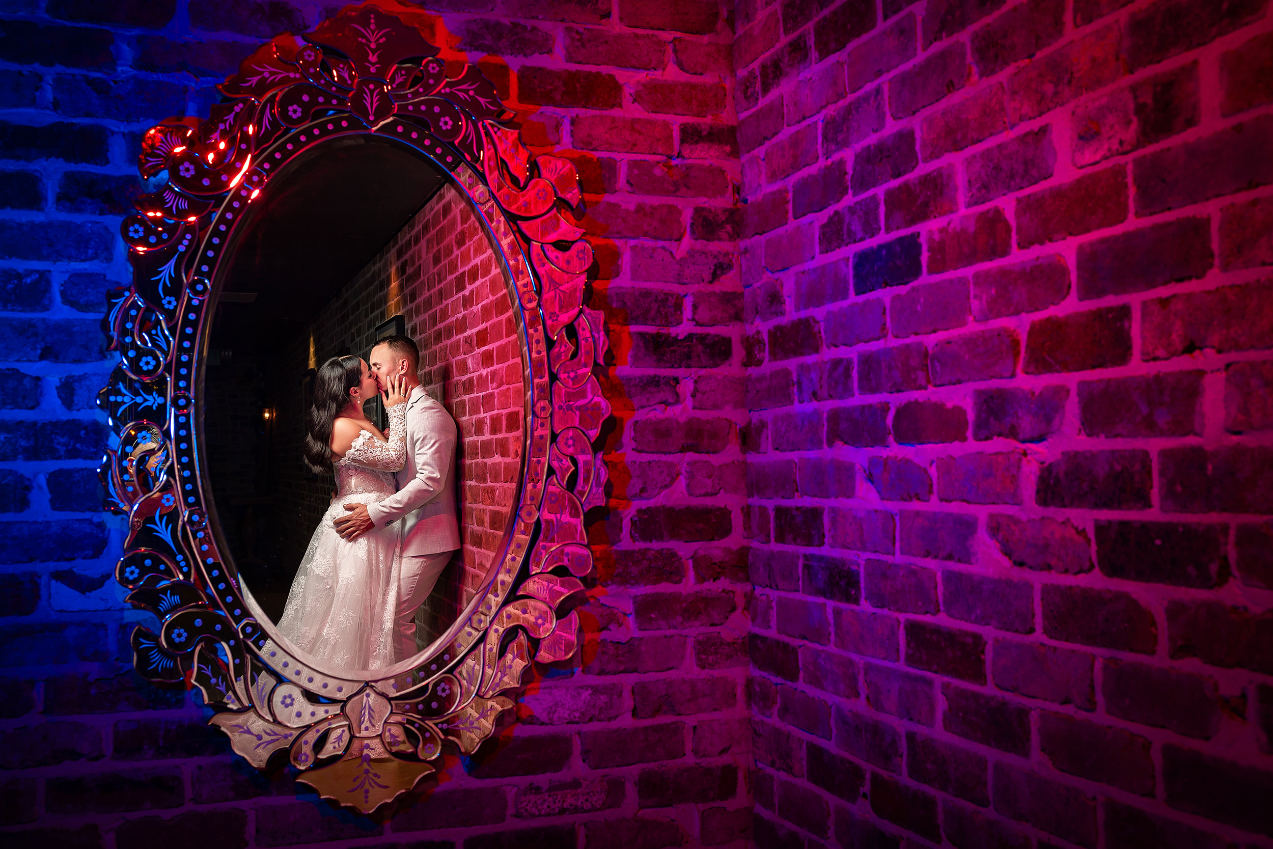Pink and blue reflection kiss, photo by Ben Connolly Creative, Australia wedding photographers