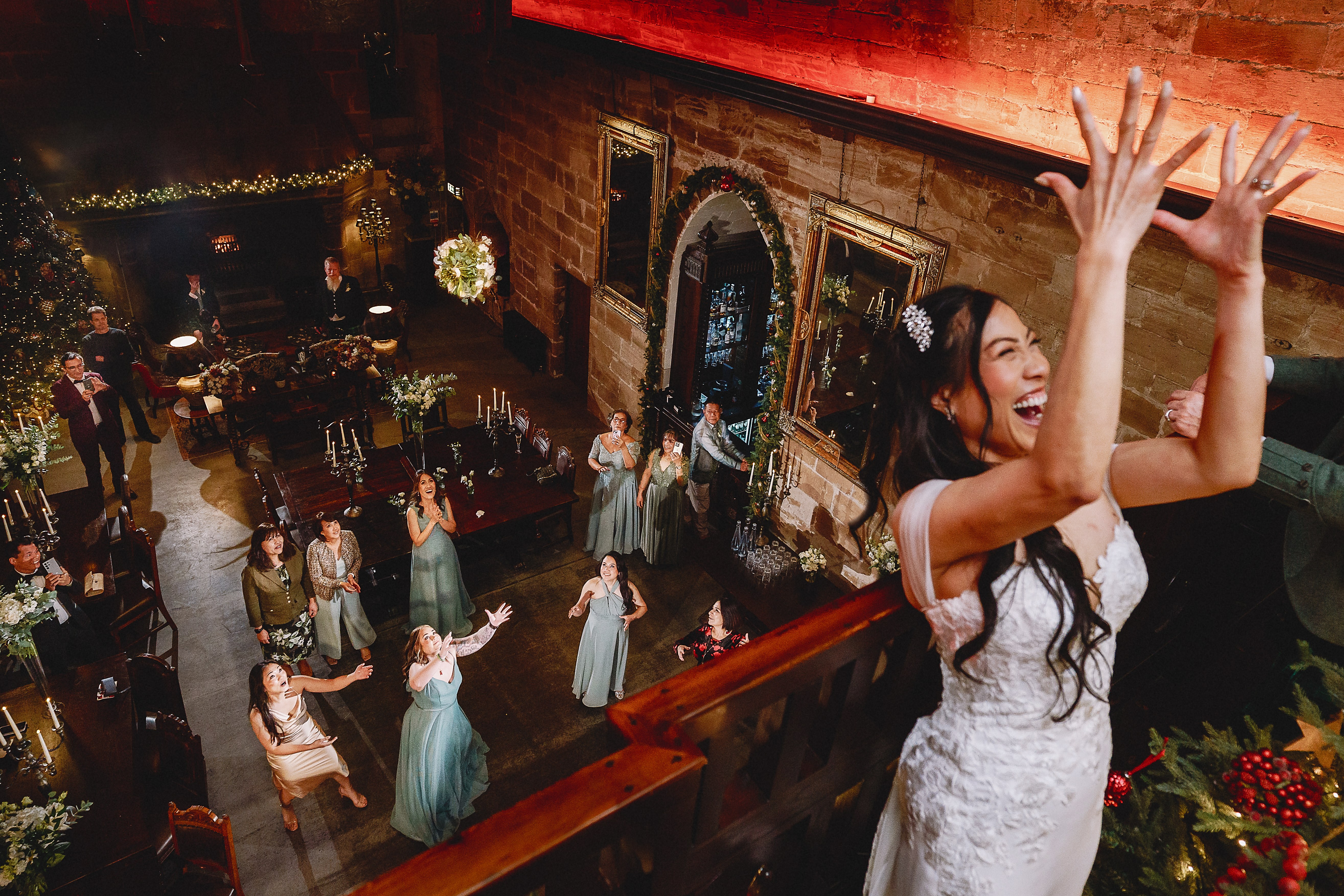 Bouquet toss off the balcony, photo by Andy Gaines Photography, York wedding photographers