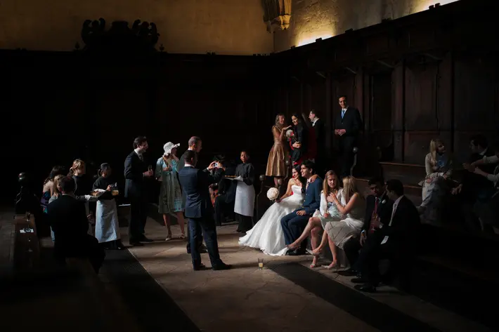 Documentary wedding photo of bride, groom, bridal party and guests by Jeff Ascough, London