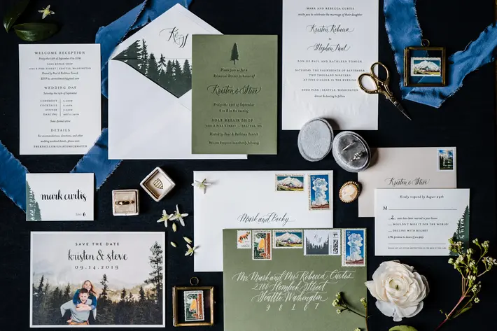 Northwest forest inspired invitation - flat lay photo by Sasha Reiko - Seattle 