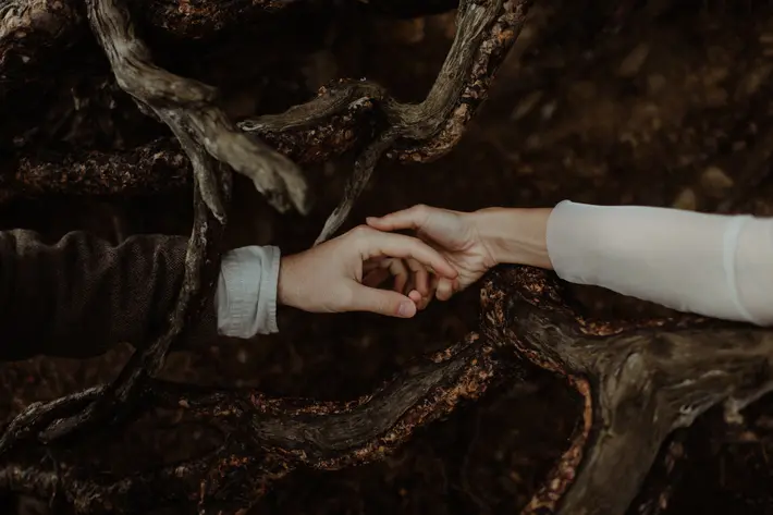 Bride and groom touch hands across tree roots - photo by The Kitcheners - Scotland