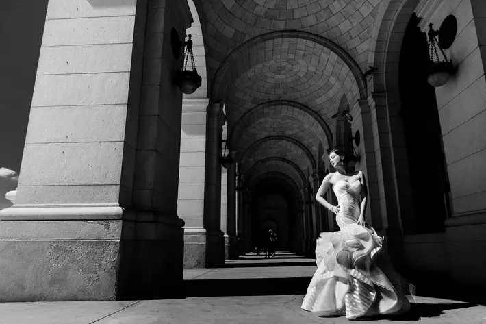 Dramatic portrait of bride in elegant trumpet style wedding dress - photo by Procopio Photography - D.C.