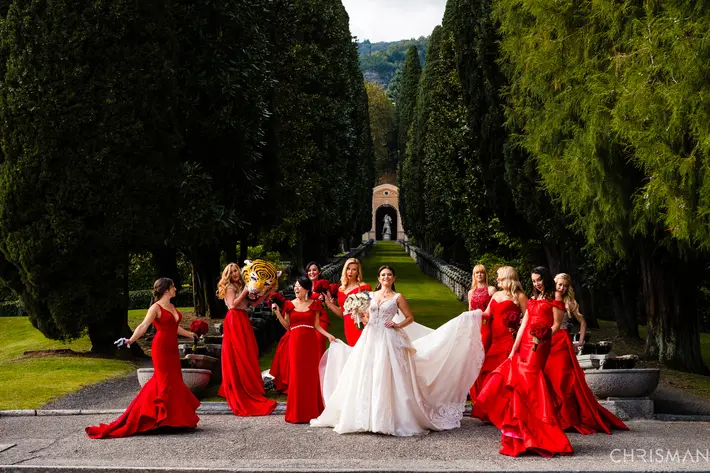 red-bridal-party-dresses-carnival-theme-wedding-in-Venice-Chrisman-Studios-photographers