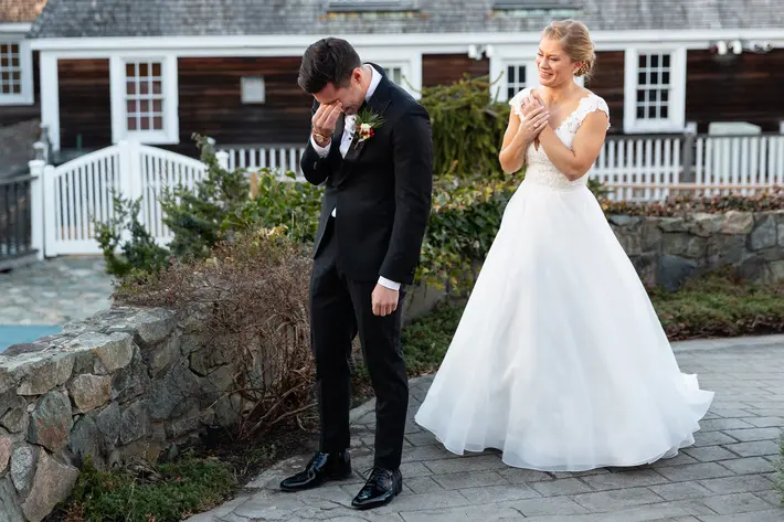 Groom crying before first look, photographed by Lisa Gilbert Photography, Boston