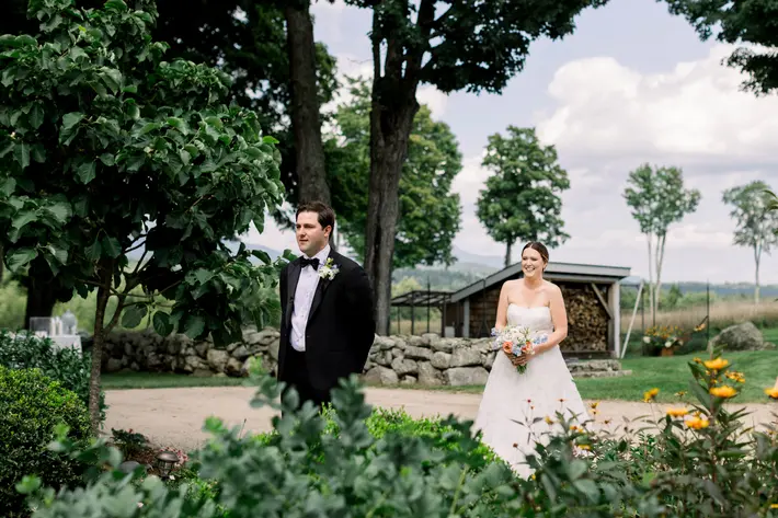 First look moment at Roads End Farm wedding - photographed by Kate Preftakes, NH
