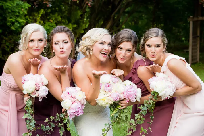 Closeup of bride and besties blowing kisses, Solare Wedding Photography