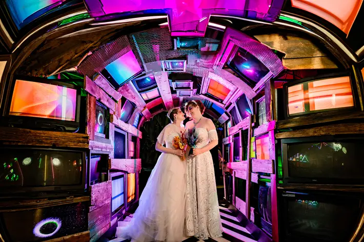 Brides portrait in whimsical setting Meow Wolf wedding Talitha Tarro Photography