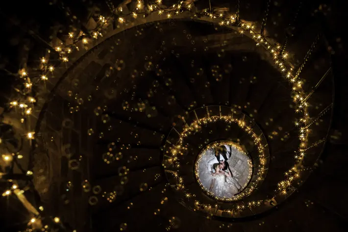 Fall wedding at Cloister Castle, epic staircase portrait, photography by Bee Two Sweet